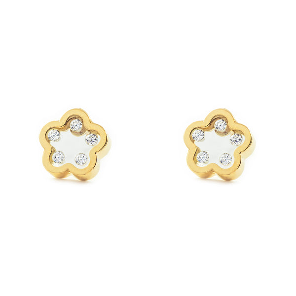 Pendientes Niña Oro Amarillo 9K Flor Margarita Circonitas Brillo