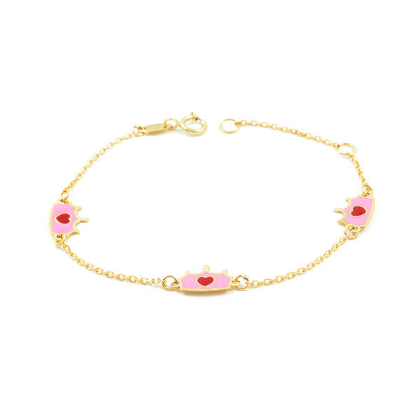 9ct Yellow Gold Enamel Crown Pink-Red Shine Girls Bracelet 14 cm