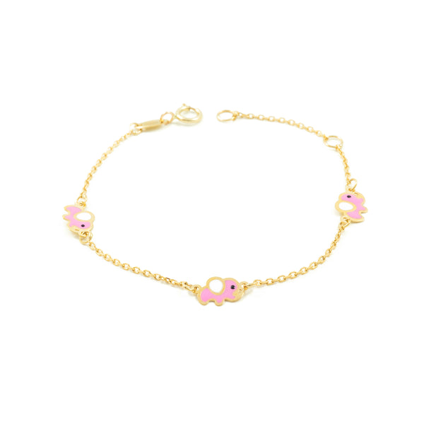 Pulsera Niña Oro Amarillo 9K Esmalte Elefante Rosa-Blanco Brillo 14 cm