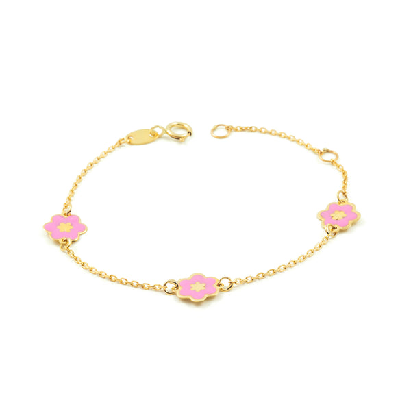 9ct Yellow Gold Enamel Rose Flower Shine Girls Bracelet 14 cm