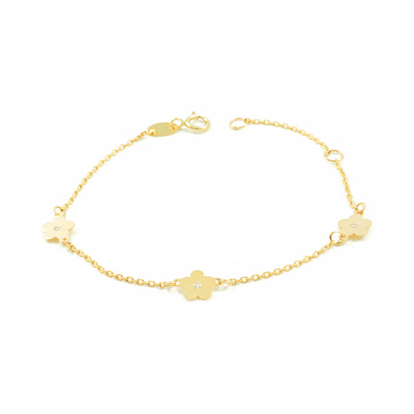 9ct Yellow Gold Girls Bracelet Sparkling Zirconia Flower 14 cm