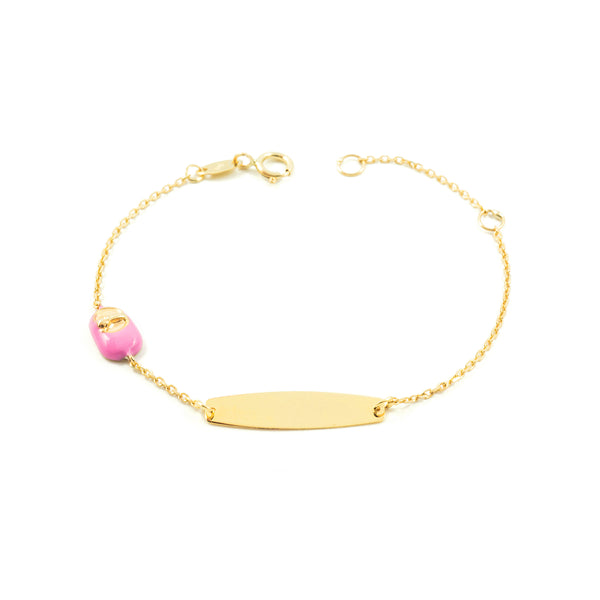 9ct Yellow Gold Personalized Slave Shoe Pink Shine Girls Bracelet 14 cm