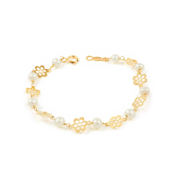 9ct Yellow Gold Round Pearl 3.5mm Daisy Flower girls Bracelet 13cm