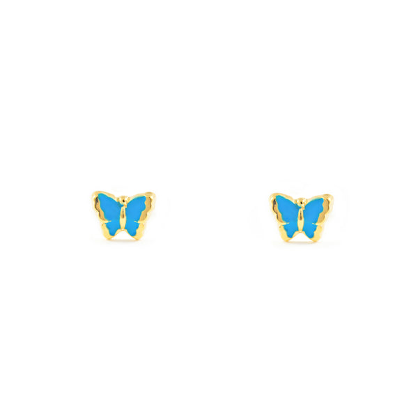Pendientes Bebe-Niña Oro Amarillo 9K Mariposa Esmalte Azul Intenso Brillo