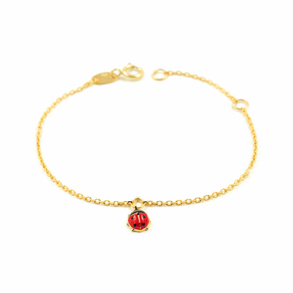 9ct Yellow Gold Mariquita Red-Black Enamel Girls Bracelet 14 cm