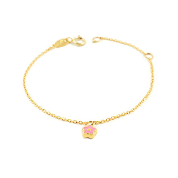 9ct Yellow Gold Enamel Rose Flower Shine Girls Bracelet 14 cm