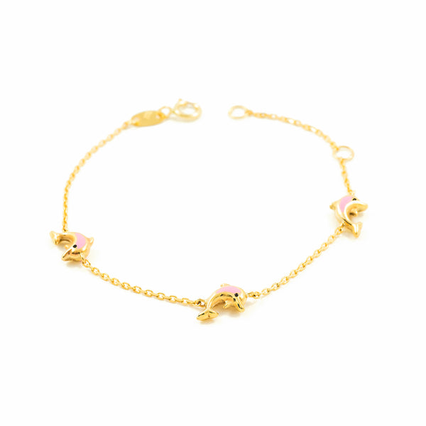 9ct Yellow Gold Dolphin Pink Enamel Girls Bracelet 14 cm