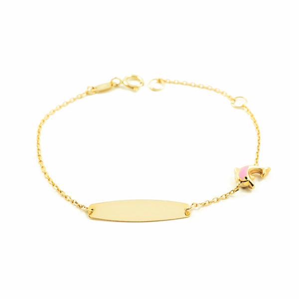 9ct Yellow Gold Personalized Dolphin Pink Shine Slave Girls Bracelet 14 cm