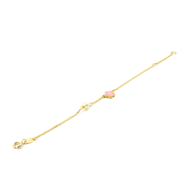 Pulsera Bebe Oro Amarillo flor motivo rosa esmalte y perla (9kts)