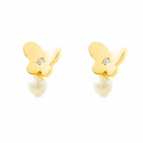 9ct Yellow Gold Butterfly Cubic Zirconia Pearl 3.5 mm Children's Girls Earrings shine