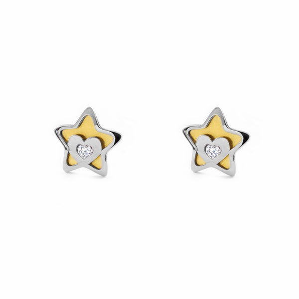 9ct two color gold Star Cubic Zirconia Children's Baby Girls Earrings shine