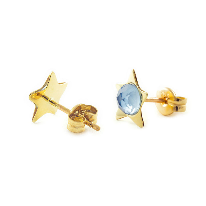 Pendientes oro amarillo niña estrella con briolet azul 