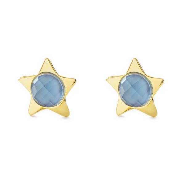 9ct Yellow Gold Star Blue Children's Girls Earrings shine