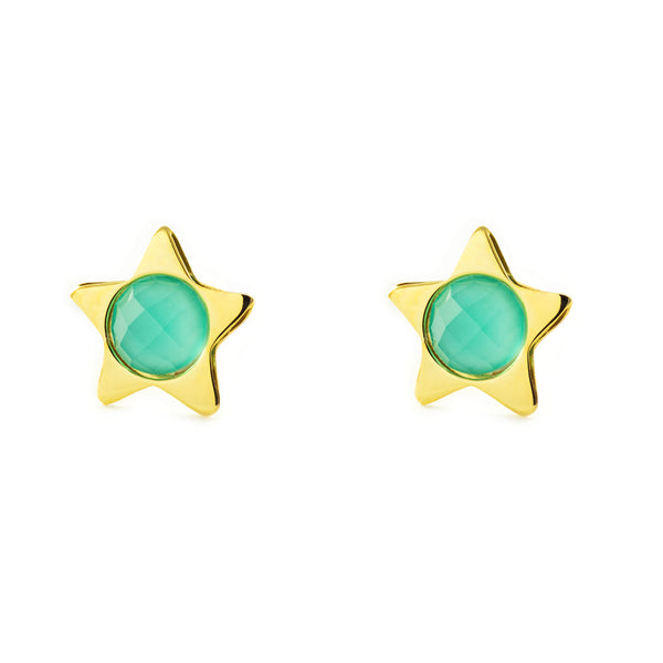 9ct Yellow Gold Star Green Children's Girls Earrings shine