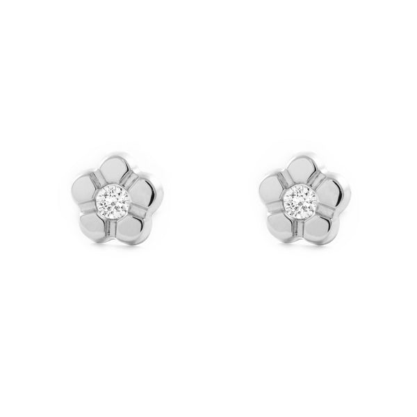 Pendientes Niña Oro Blanco 9K Flor Margarita Circonita Brillo