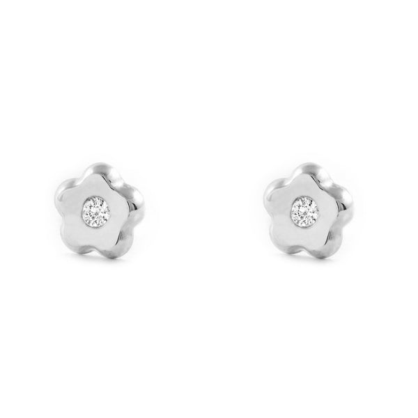 Pendientes Bebe-Niña Oro Blanco 9K Flor Margarita Circonita Brillo