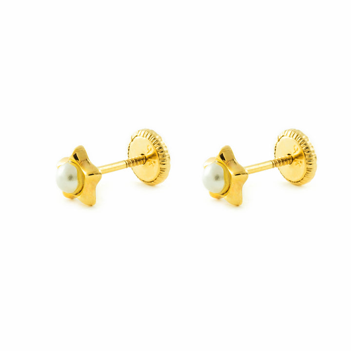 Pendientes Niña oro amarillo Estrella concava con Perla 2,5 mm (9kts)