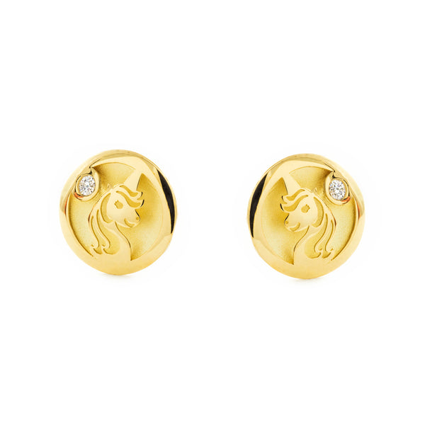 9ct Yellow Gold Unicorn Cubic Zirconia Children's Girls Earrings shine