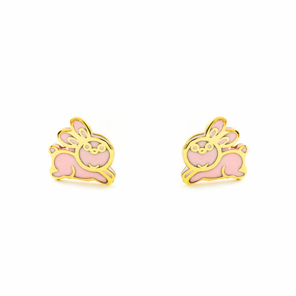 9ct Yellow Gold Pink Enamel Rabbit Children's Baby Girls Earrings shine