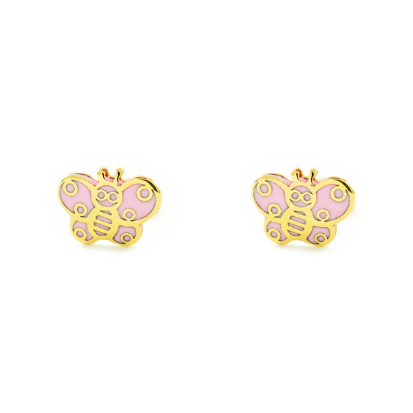 Pendientes Bebe-Niña Oro Amarillo 9K Mariposa Esmalte Rosa Brillo