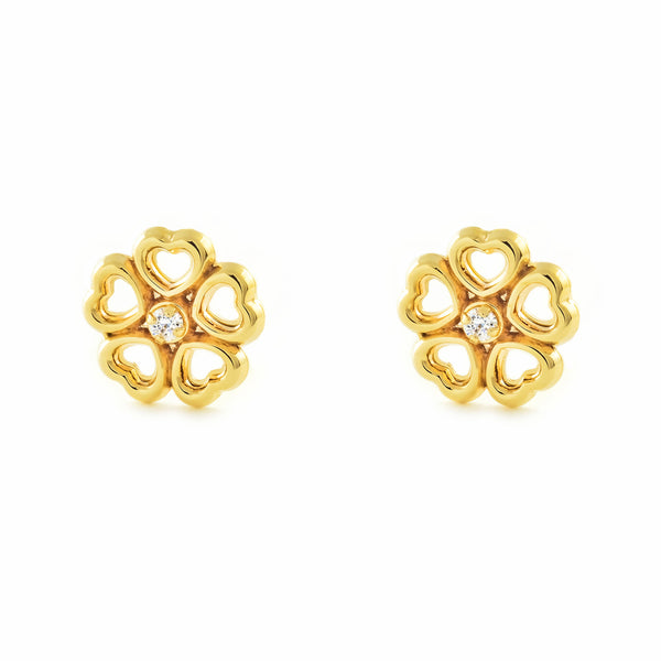 9ct Yellow Gold Flower of Hearts Cubic Zirconia Children's Girls Earrings shine