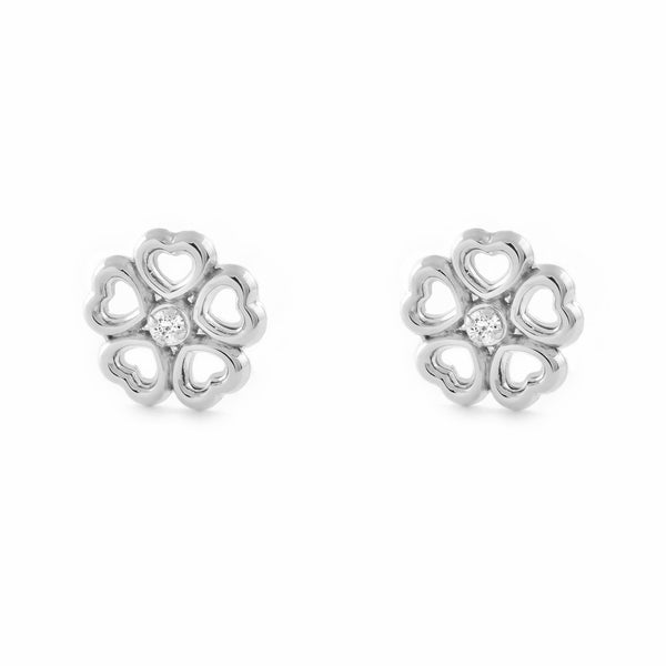 9ct White Gold Flower of Hearts Cubic Zirconia Children's Girls Earrings shine