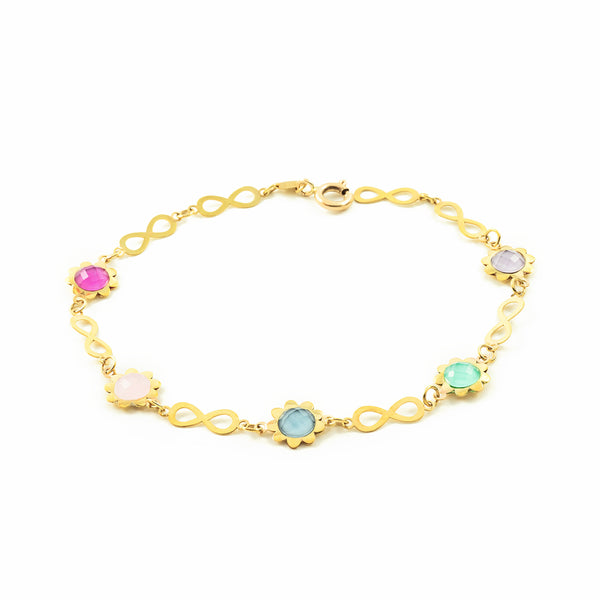 9ct Yellow Gold Bracelet Multicolor Glittering Infinity and Flowers 20 cm