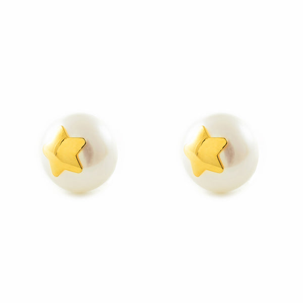 Pendientes Niña Oro Amarillo 18K Perla Botón 7 mm Estrella Brillo