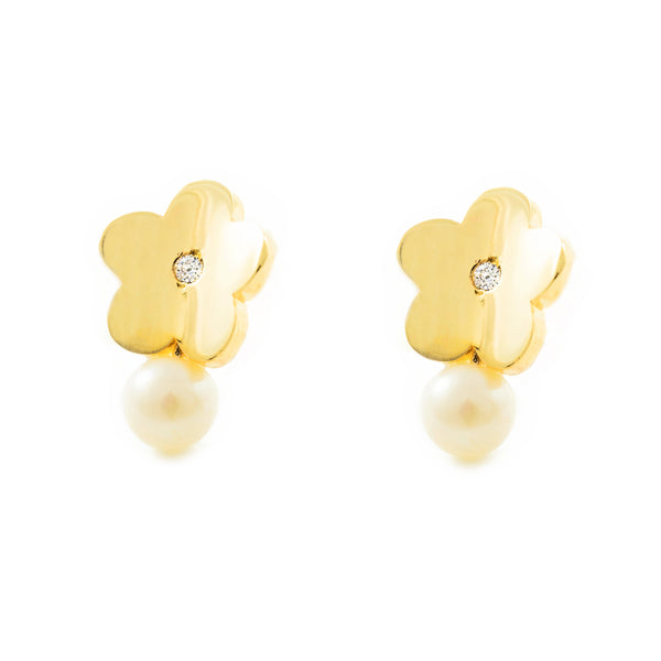 9ct Yellow Gold Daisy Flower Cubic Zirconia Pearl 3.5 mm Children's Girls Earrings shine
