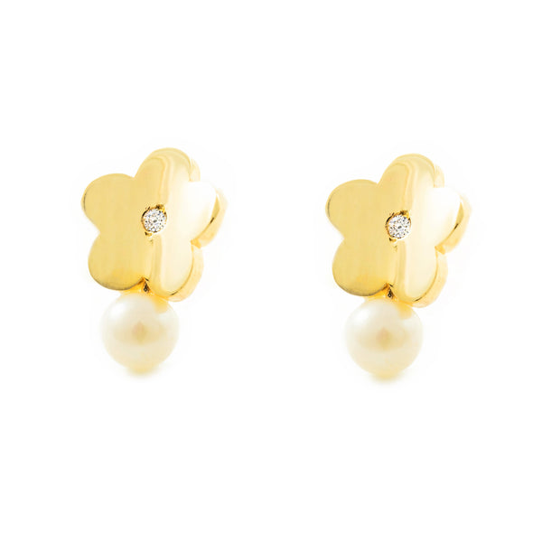 Pendientes Niña Oro Amarillo 9K Tu y Yo Perla Redonda 3,5 mm Flor Margarita Circonita Brillo