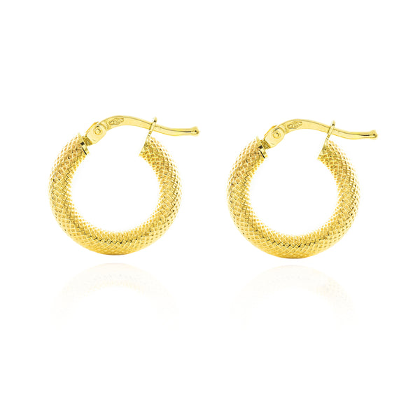 Pendientes Oro Amarillo 18K Aros Redondo Texturado 16 x 3 mm