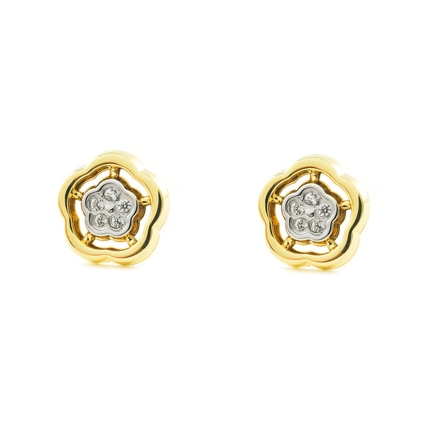 9ct two color gold Daisy Flower Cubic Zirconia Children's Girls Earrings shine