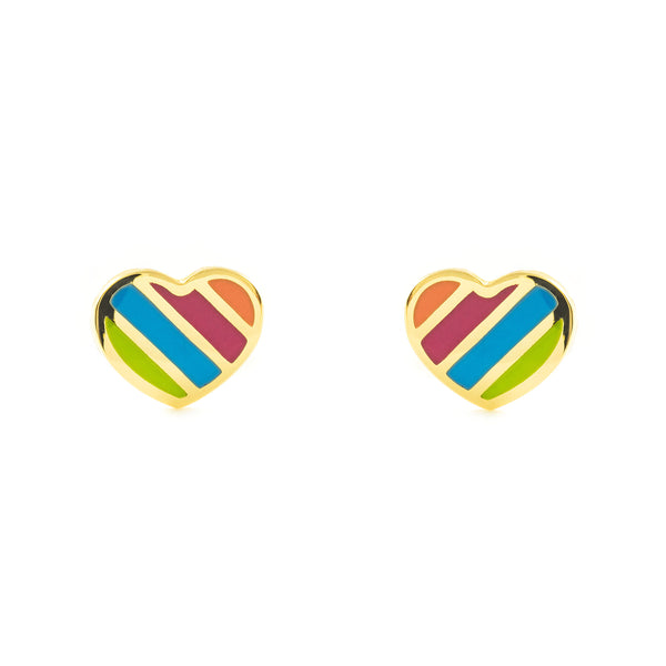 9ct Yellow Gold Multicolored enamel Heart Children's Girls Earrings shine