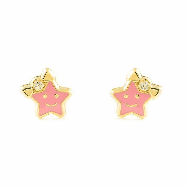9ct Yellow Gold Pink Enamel Star Children's Girls Earrings shine