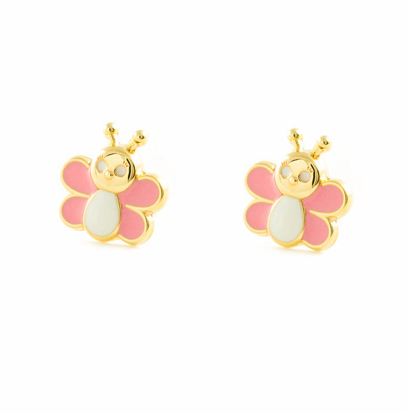 9ct Yellow Gold Pink-White Enamel Butterfly Children's Girls Earrings shine