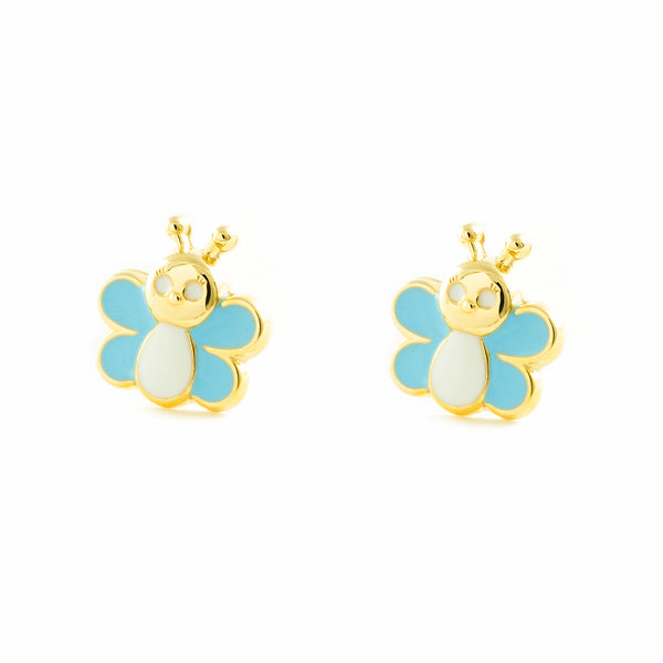 Pendientes Niña Oro Amarillo 9K Mariposa Esmalte Azul-Blanco Brillo