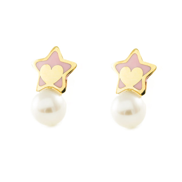 Pendientes Niña Oro Amarillo 9K Tu y Yo Perla Redonda 4 mm Estrella Rosa Brillo