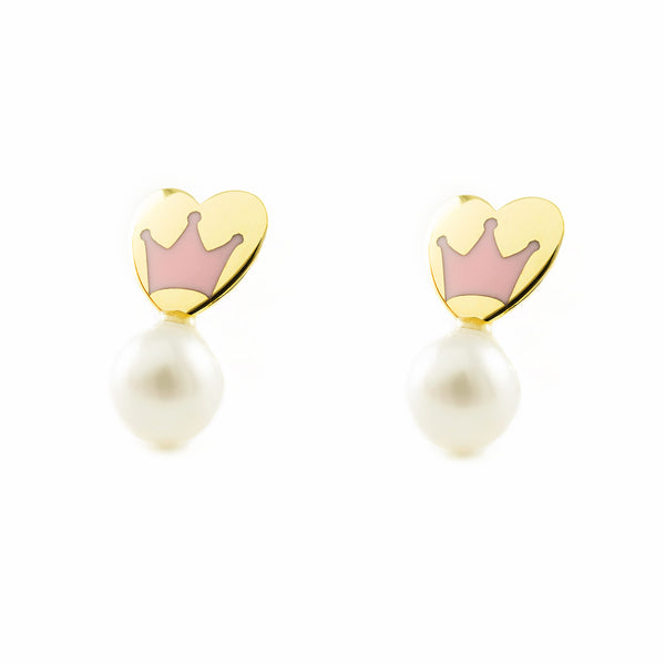 9ct Yellow Gold Pink Enamel Heart Pearl 4 mm Children's Girls Earrings shine