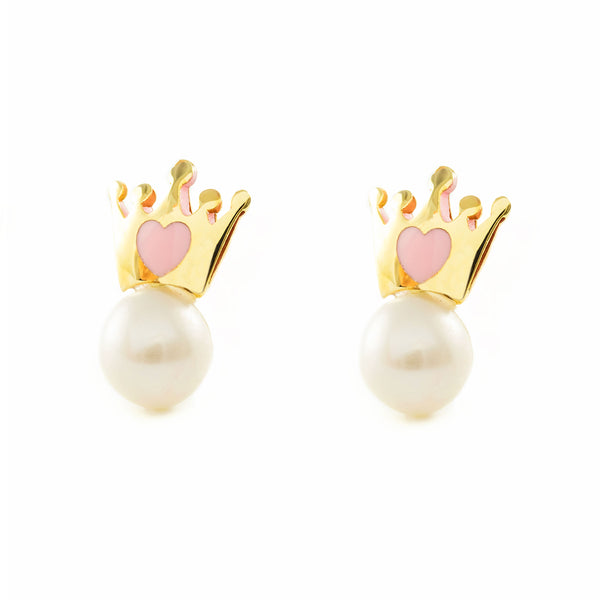 9ct Yellow Gold Pink Enamel Crown Pearl 4 mm Children's Girls Earrings shine
