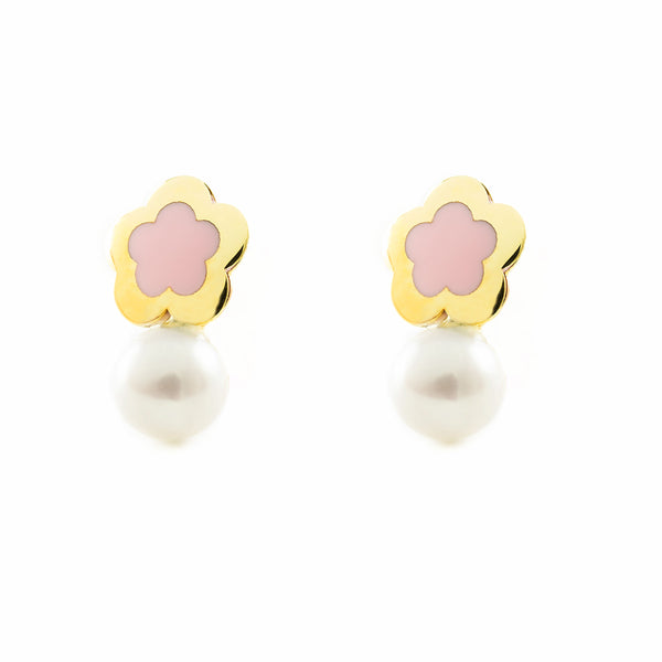 9ct Yellow Gold Pink Enamel Daisy Flower Pearl 4 mm Children's Girls Earrings shine