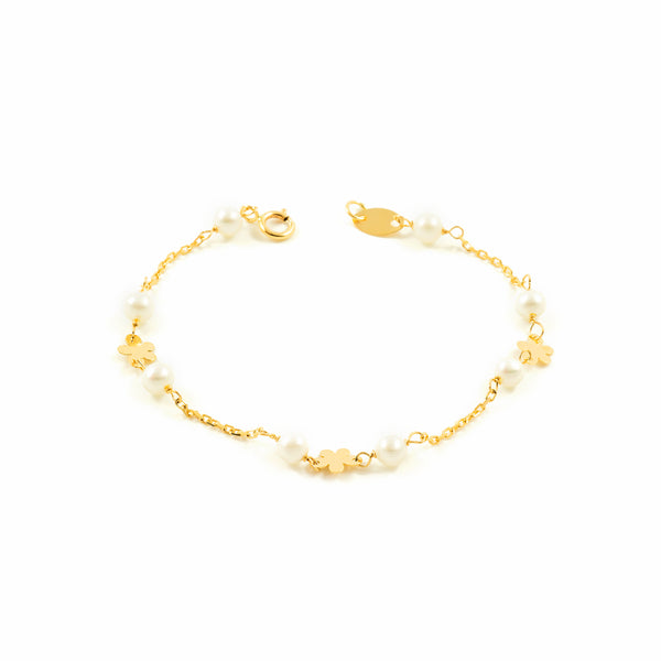 Pulsera Niña Oro Amarillo 18K Perla Redonda 3,5 mm Flor Brillo 13 cm