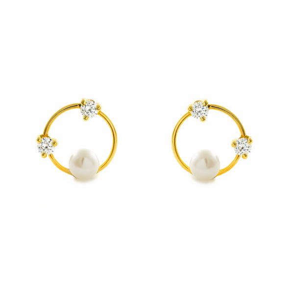 Pendientes Niña Oro Amarillo 9K Perla Botón 4 mm Circonita Brillo