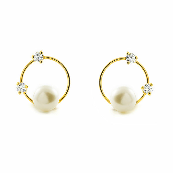 Pendientes Niña Oro Amarillo 9K Perla Botón 6 mm Circonita Brillo