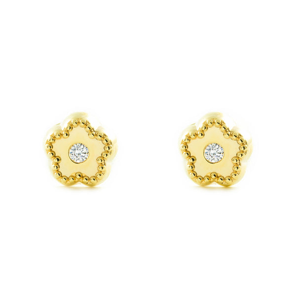 Pendientes Bebe-Niña Oro Amarillo 9K Flor Margarita Circonita Brillo y Textura