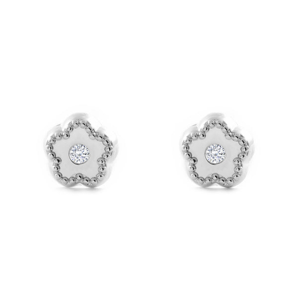 Pendientes Bebe-Niña Oro Blanco 9K Flor Margarita Circonita Brillo y Textura