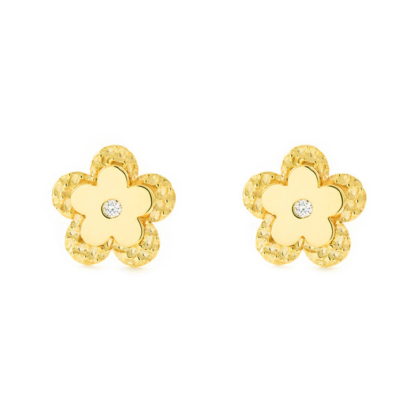 Pendientes Niña Oro Amarillo 9K Flor Margarita Circonita Brillo y Textura