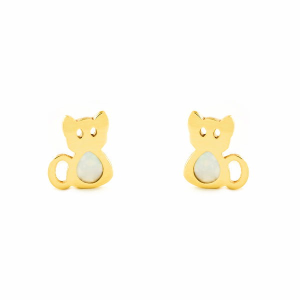 9ct Yellow Gold Nacre Cat Children's Baby Girls Earrings shine