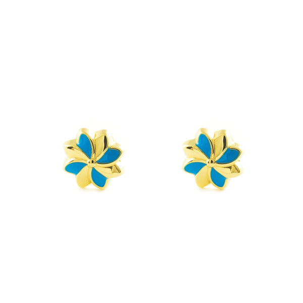 Pendientes Niña Oro Amarillo 18K Flor Esmalte Azul Brillo