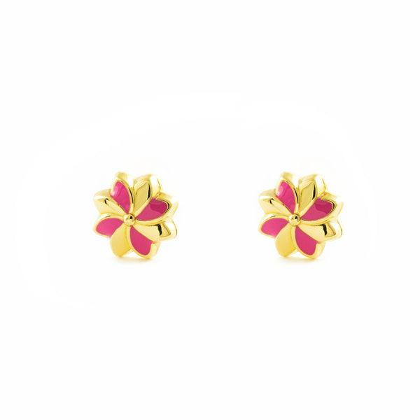 18ct Yellow Gold Pink Enamel Flower Children's Girls Earrings shine