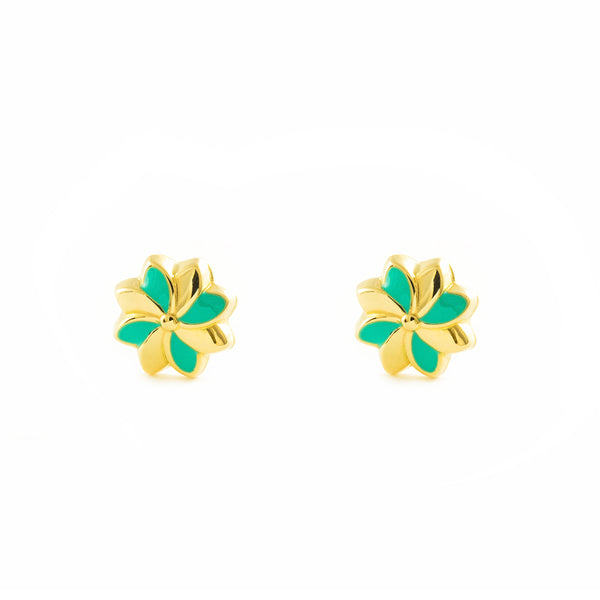 Pendientes Niña Oro Amarillo 18K Flor Esmalte Verde Brillo